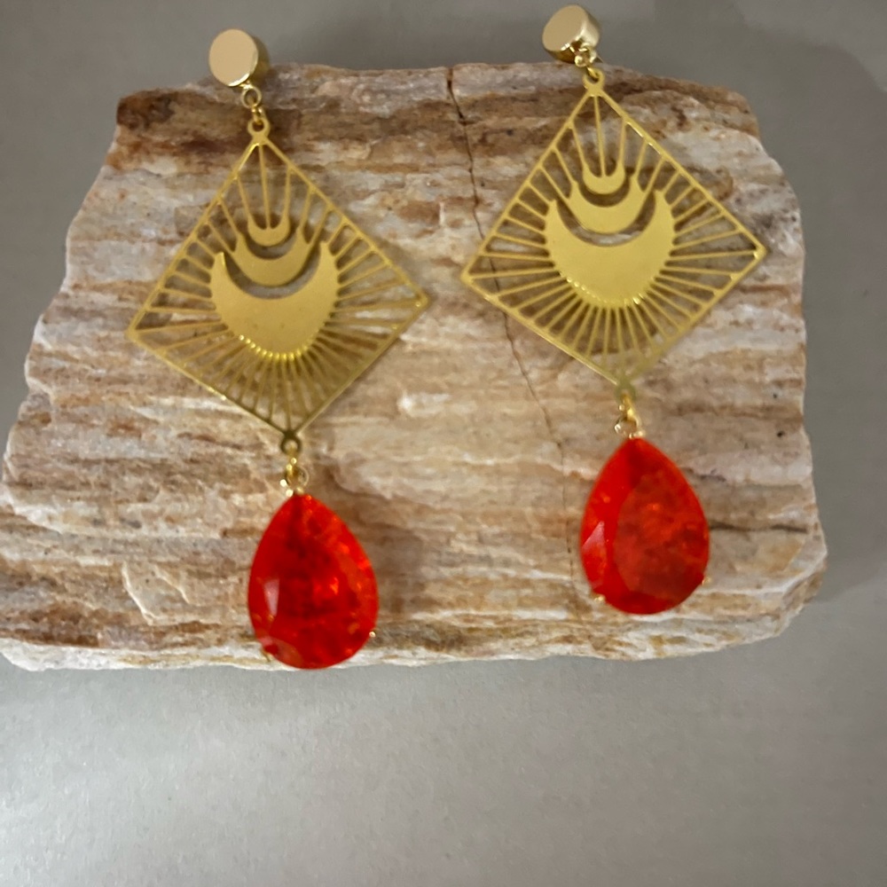 Delicate Statement Gold & Orange Dangle Earrings … - image 6